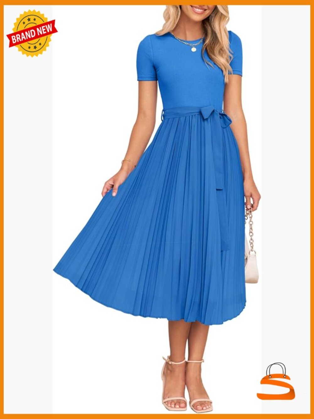 Short Sleeve Midi Dress Crewneck Knit Belted Pleated A Line Flowy